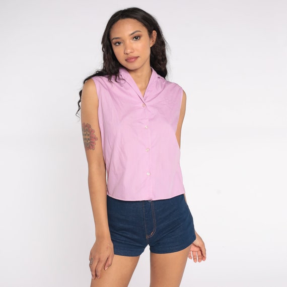 Lavender Button Up Tank Top 70s 80s Cotton Blouse Sleeveless Shirt 1970s 1980s Basic Vintage Preppy Minimal Classic Shirt Small S