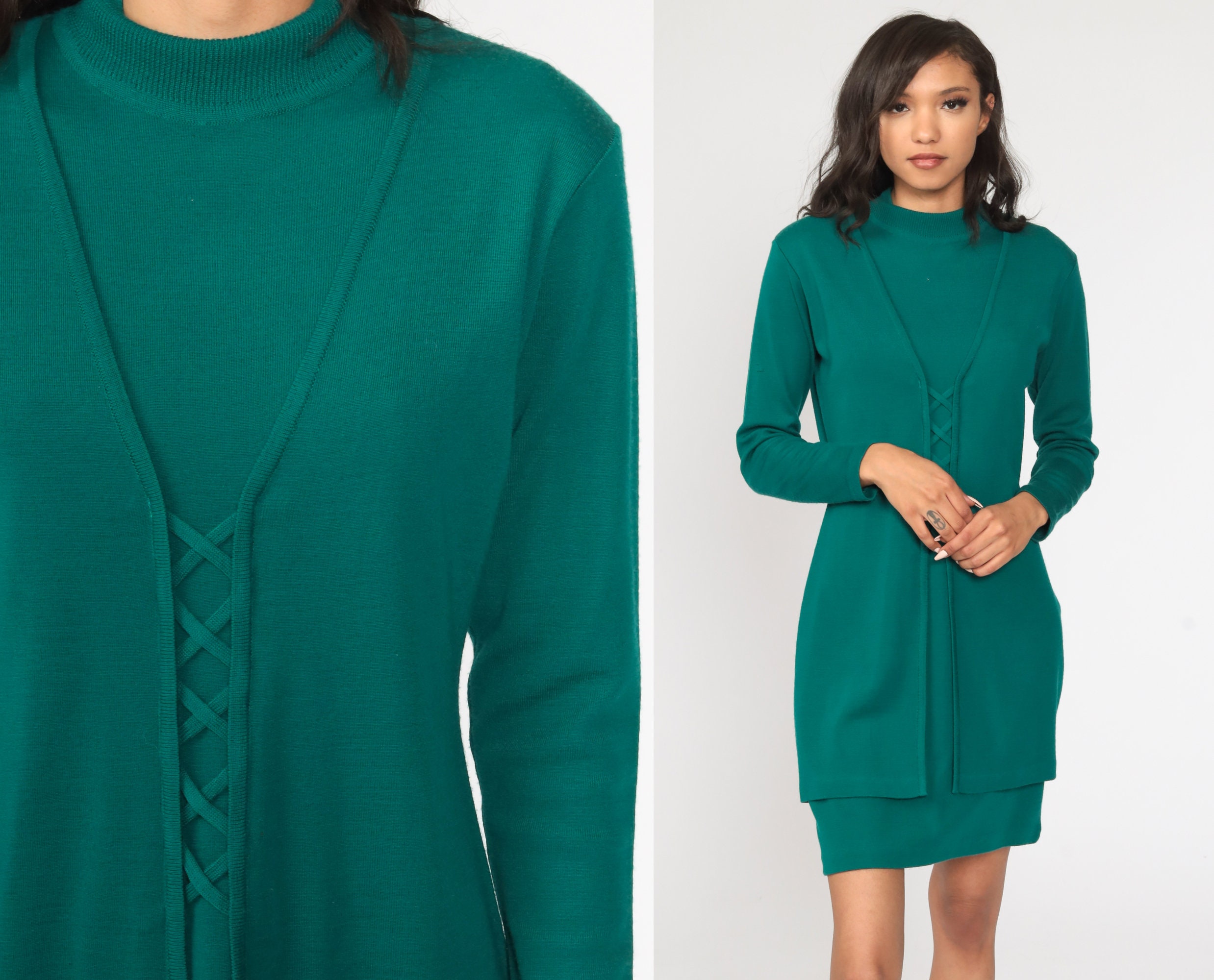 Green Knit Dress 90s Mini Sheath 1990s 