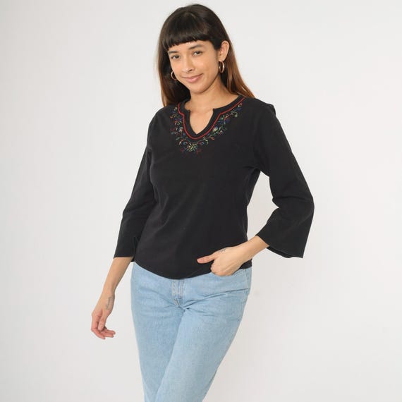 90s Floral Embroidered Top Black Bell Sleeve Blouse Long Sleeve Shirt Hippie Boho V Neck Vintage 1990s Medium