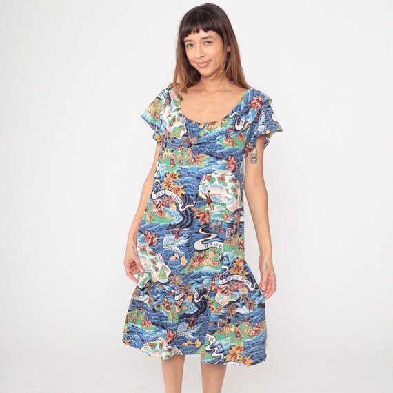 Y2K Hawaiian Dress Tropical Blue Midi Flutter Hilo Hattie Cotton Vintage Summer Paradise Ocean Waves Palm Trees Hawaii Map Print Small S