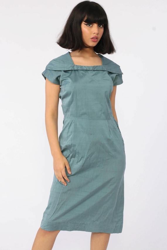 1950s Wiggle Dress 60s Sailor Collar Blue Sheath Fitted Dress 50s Mad Men Midi Hourglass Pencil Vintage Cap Sleeve Small