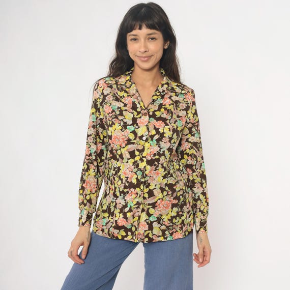 70s Floral Blouse Brown Black Background Yellow Pink Coral Mint Green Psychedelic Disco Collared Prairie Cottagecore Vintage Top Medium M