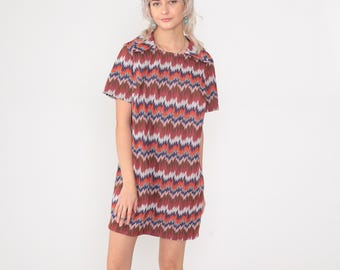 Vintage Psychedelic Striped Mod Dress 60s 70s Zig Zag Dress Orange Brown Blue Shift Mini 1960s Sixties Twiggy Short Sleeve Large 12