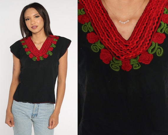 Mexican Embroidered Blouse Black Rose Shirt Hippie Top Floral Shirt Red Boho Shirt FESTIVAL Tunic Bohemian Vintage Retro Medium