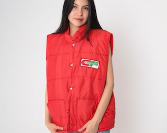 Chaleco camionero rojo de los años 80 Chaleco de Consolidated Freightways Chaqueta sin mangas Chaleco de esquí Chaleco acolchado Chaleco acolchado con botones a presión Retro Vintage 1980 Extra grande xl