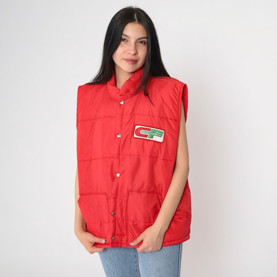 80s Red Trucker Vest Consolidated Freightways Vest Sleeveless Jacket Ski Vest Puffer Vest Snap Up Puffy Retro Vintage 1980s Extra Large xl