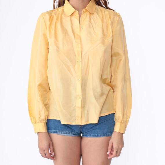 Yellow Silk Top Button Up Shirt 80s Puff Sleeve B… - image 6