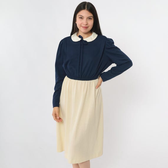 Vintage Two-Tone Midi Dress 70s 80s Peter Pan Collar Color Block Cream Navy Blue Boho Puff Sleeve Midi High Waist 1970s Medium Large