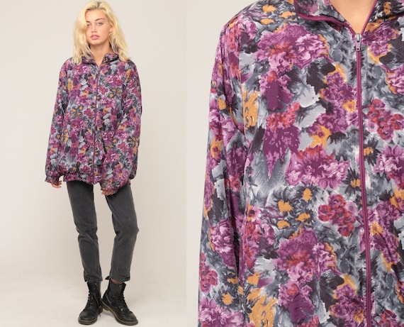 Floral Jacket 90s Windbreaker Jacket Retro Warmup Jacket Sports Warm Up Jacket Purple Hipster Vintage 1990s Retro Extra Large xl