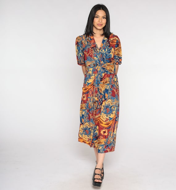 Floral Midi Dress 80s Puff Sleeve Dress Retro High Waisted Secretary Dress Abstract Flower Print Red Blue Orange Vintage 1980s Medium 10