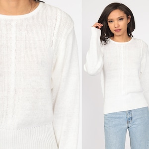 White Cable Knit Sweater 90s Slouchy Knit Boho Pullover Cableknit 1990s Jumper Ramie Cotton Vintage Small