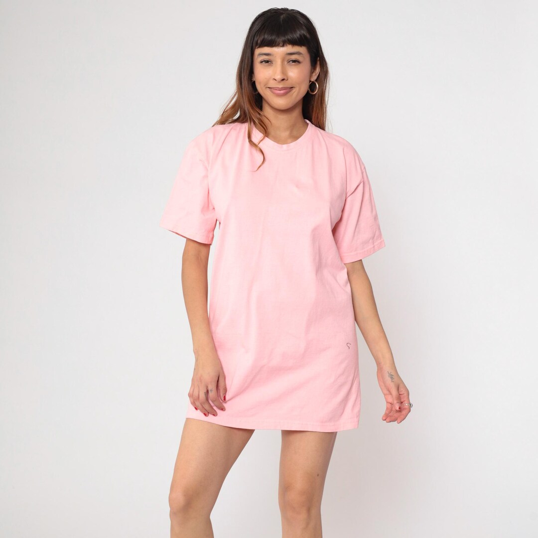 oversized t shirt dress pink Vintage 90s Pink Oversized T Shirt Dress Cotton One Size Made in USA Short  Sleeve Casual Lounge Minimalist Tee Dress Baggy Fit