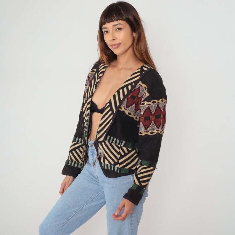 Southwestern Tapestry Jacket 90s Open Front Geometric Blazer Boho Woven Blanket Coat Concho Western Cowboy Hippie Vintage 1990s Medium image 4