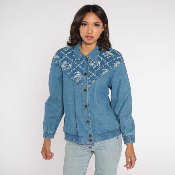 Denim Tapestry Jacket 90s Floral Bird Print Jean Jacket Flower Dove Button up Bomber Retro Bohemian Light Coat Vintage 1990s Petite Medium M