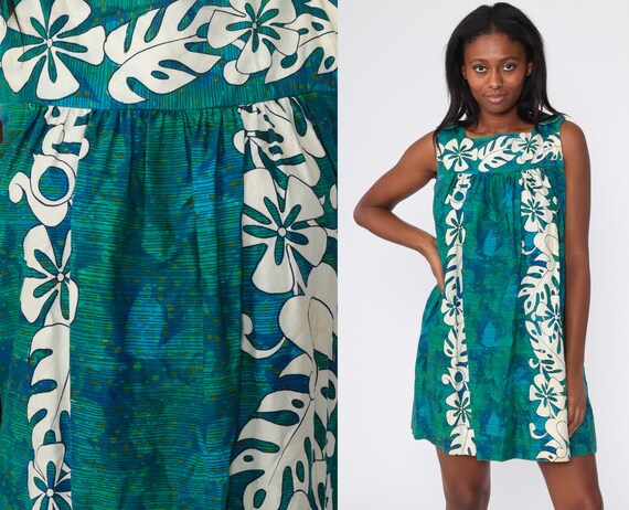 Floral Tent Dress 70s Blue Green Hawaiian Dress Bo
