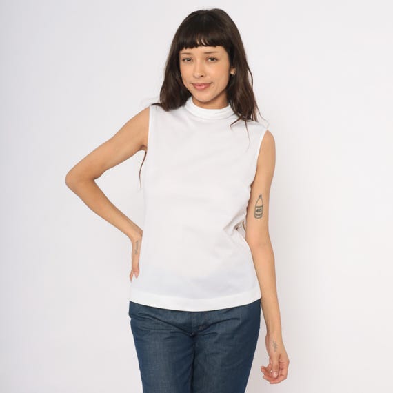 70s White Sleeveless Top Cowl Turtleneck Blouse Fitted Shell Cream Minimalist High Collar Shirt Vintage Office Preppy Neutral Tank Medium M