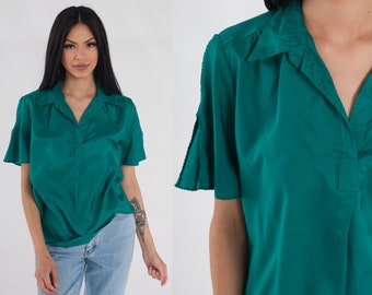 Green Blouse 80s Collared Top Short Slit Sleeve Shirt Retro Plain Simple Basic Preppy V Neck Polo Vintage 1980s You Babes Medium Large