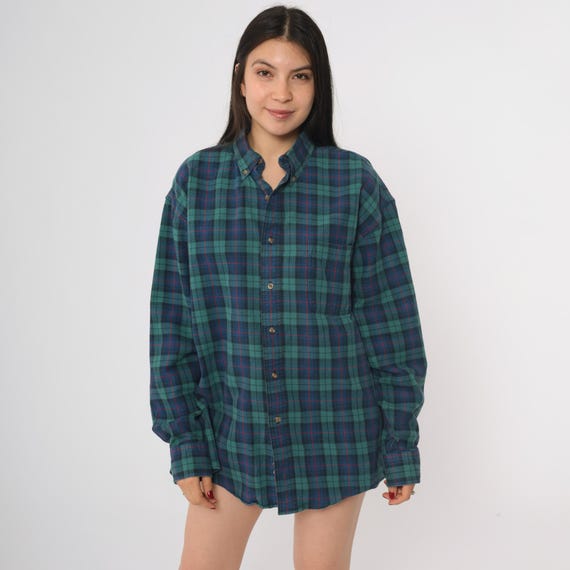 90s L.L.Bean Flannel Plaid Shirt Green Navy Tartan Button Down Oversized Outdoor Camping Hiking Workwear Lumberjack Grunge Style Large L