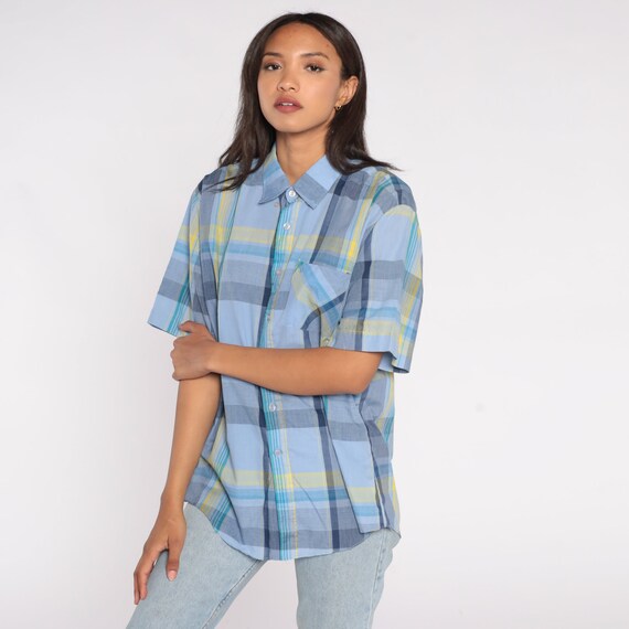 Blue Plaid Shirt 90s Button Up Checkered Shirt Valentino Chemises Blue Short Sleeve Check Print Top Vintage Preppy Men's Extra Large xl