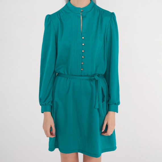 Teal Green Dress 80s Mini Dress Pleated Button Up… - image 8