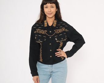 Coin Charm Denim Jacket Gold Embellished Black 90s Denim Cotton Cropped Trim Beaded Western Yoke Embroidered Trucker Coat Vintage Large L