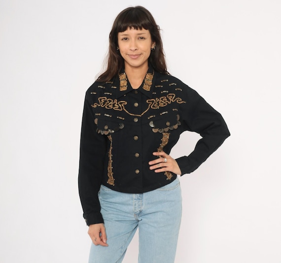 Coin Charm Denim Jacket Gold Embellished Black 90s Denim Cotton Cropped Trim Beaded Western Yoke Embroidered Trucker Coat Vintage Large L