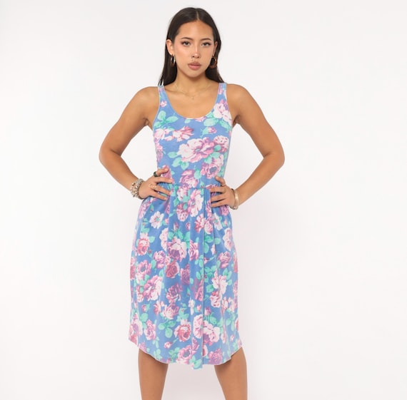 80s Floral Sundress Blue Rose Print Cotton Fitted Bodice Gathered Skirt Scoop Neck Sleeveless Knee Length Tank Prairie Dress Extra Small XS