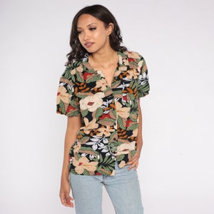 Tropical Floral Shirt 90s Tan Button Up Blouse Vintage Surfer Vacation Short Sleeve Black Beige Leaf Print Retro Top 1990s Large L