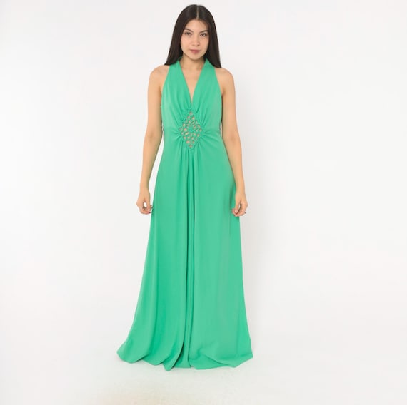 70s Mint Green Halter Maxi Dress Cutout Crochet Medallion Empire Waist Gown V Neck Sleeveless Open Back Disco Vintage Medium Large ML