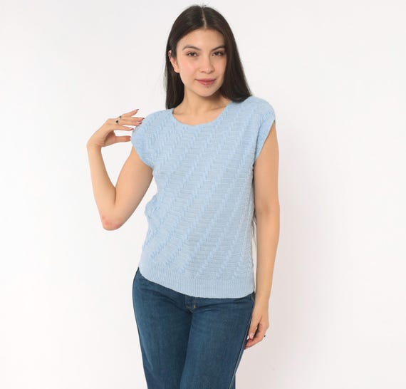 80s Basketweave Knit Top Blue Cap Sleeve Sweater Vest Powder  Pullover Ribbed Hem Vintage Spring Layering Blouse Shirt Small To Medium S M