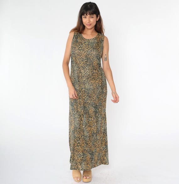 90s Leopard Dress Animal Print 1990s Midi Sun Dress Sleeveless Sundress 1990s Straight Cut Column Spandex Blend Kathie Lee Medium