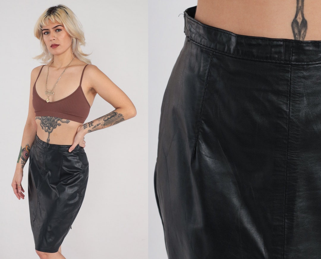Black Leather Skirt 90s Mini Pencil Skirt High Rise Waisted Wiggle