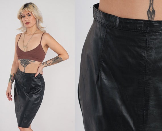 Black Leather Skirt 90s Mini Pencil Skirt High Rise W… - Gem