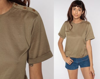 Brown Pocket Shirt Plain Cuffed TShirt 80s T Shirt Button Shoulder Top Vintage Normcore Basic Shirt 1980s Small Medium