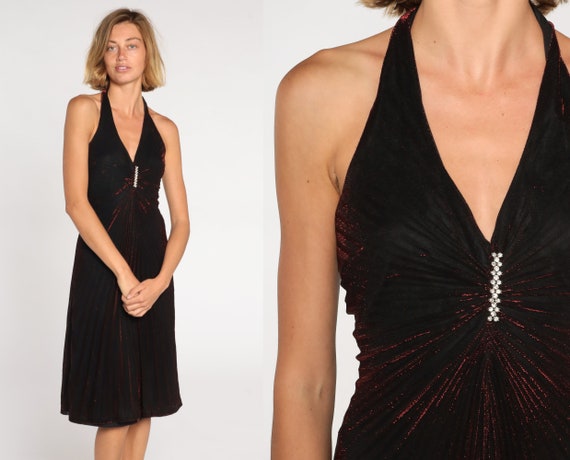 Sparkly Halter Dress 80s Black Red Metallic Party Dress Midi Sleeveless Rhinestone Glam Formal Retro Gothic Cocktail Vintage 1980s Small S