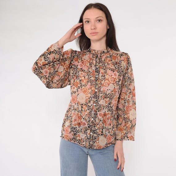 Boho Floral Button Up Shirt 70s Puff Sleeve Blouse Bohemian Top Burnt Orange Pink Collarless Vintage 1970s Long Sleeve Retro Medium M