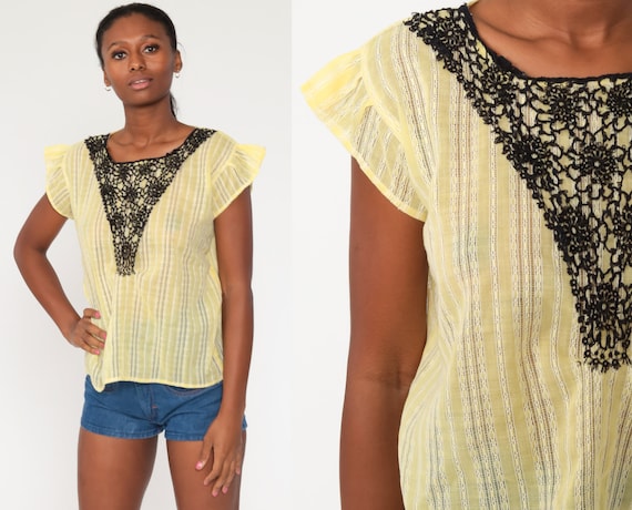 Yellow Blouse 90s Boho Hippie Top Lace Shirt Semi… - image 1