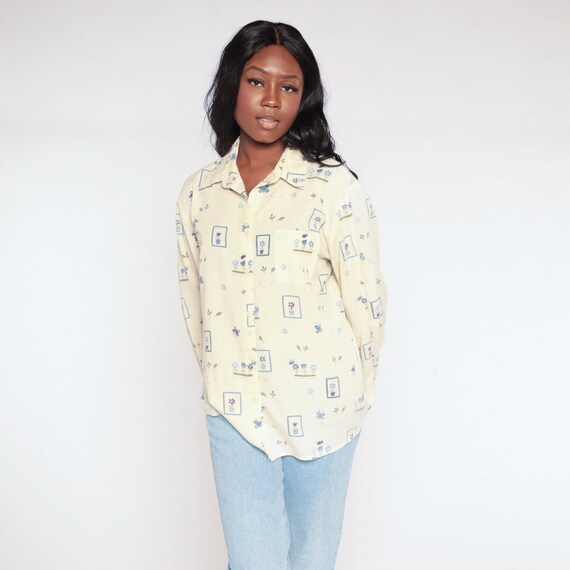 Yellow Butterfly Shirt 90s Button Up Top Retro Fl… - image 3