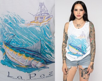 Swordfish Tank Top 90s La Paz Mexico Shirt Tropical Fish Baja California Shirt Tourist Fishing Sleeveless Shirt 1990s Vintage Retro Small S