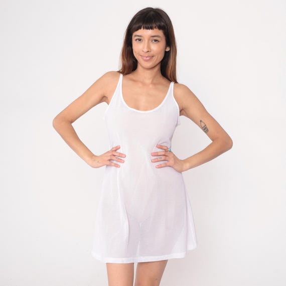 Mini Mesh Dress 90s White Sleeveless Tank See Through Sheer Club Rave Bodycon Slip Summer Party Pool Loungewear Vintage Grunge Medium M
