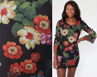 Y2K Floral Dress Lace Mini Dress 00s Butterfly Dress Boho Vintage Minidress Party Long Sleeve Dress Summer Shift Party Small s