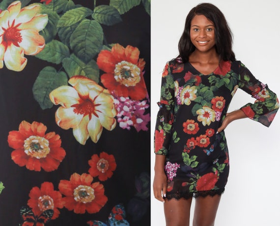 Y2K Floral Dress Lace Mini Dress 00s Butterfly Dress Boho Vintage Minidress Party Long Sleeve Dress Summer Shift Party Small s