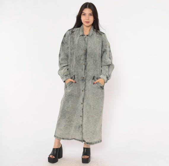 Acid Wash Denim Duster 90s Grey Snap Front Long Jacket Cotton Maxi Coat Grunge Stone Washed Jean Trench Charcoal Ash Vintage Medium M