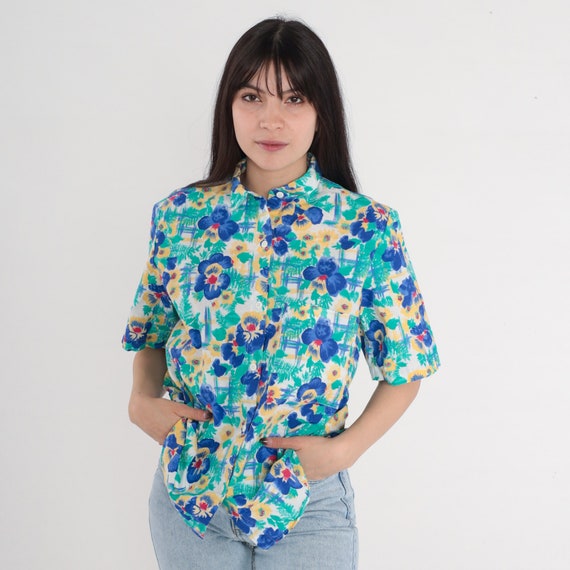 Floral Blouse 90s Button up Shirt Flower Print Short Sleeve Top Summer Collared Green Blue Yellow Red Cotton Vintage 1990s Cherokee Small S