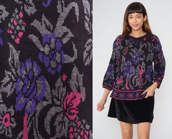 80s Floral Sweater Black Knit Pullover Sweater Pink Purple Grey Rose Flower Leaf Graphic All Over Print Jumper Acrylic Vintage 1980s Large L