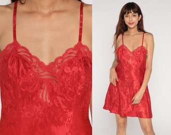 Red Slip Dress 90s Floral Embossed Lingerie Dress Mini Nightgown Cutout Lace Trim Lounge Chemise Spaghetti Strap Vintage 1990s Medium M