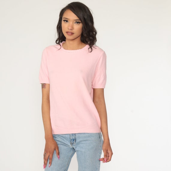 Vintage Pink Knit Blouse 70s Top Baby Pink Nylon Shirt Plain Braided Top 1970s Short Sleeve 80s Vintage Retro Medium Large