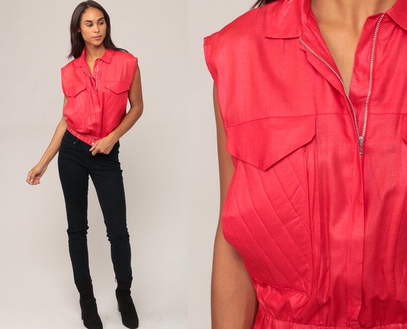 Red Vest 80s Slouch Hipster Vest Vintage Slouchy Zip Up Cargo Pockets 1980s Vest Sleeveless Jacket Medium