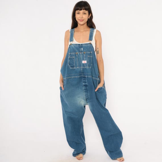 Y2K Roundhouse Denim Overalls 2000s Blue Jean Bib Carpenter Dungarees Cotton Baggy Workwear Utility Side Button Jumpsuit Vintage 50 x 30