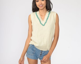Vintage Cable Knit Vest Top 80s Sleeveless Sweater Tank Cream Vest V Neck 1980s Sleeveless Pullover Cableknit Small Medium